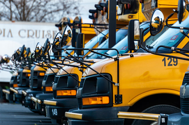 school buses parked in line